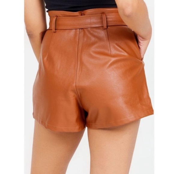 Altar'd State Camel Brown Belted High Rise Faux Leather Shorts - Medium - Picture 3 of 4